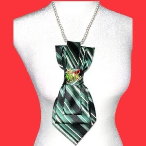 “Dainty Dapper” festive Green Striped necktie Necklace with Brooch